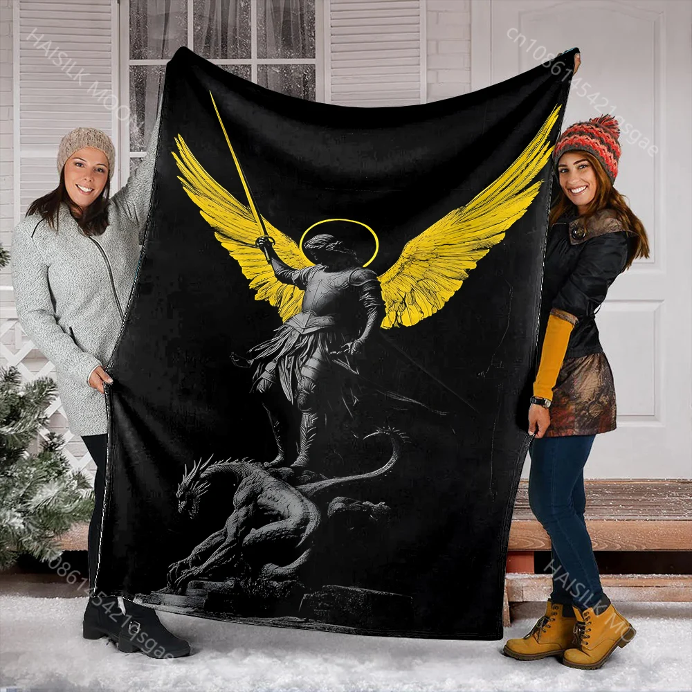 1PC Angel warrior with dragon statue print blanket Prayer blankets for believers suitable for home sofa camping travel car