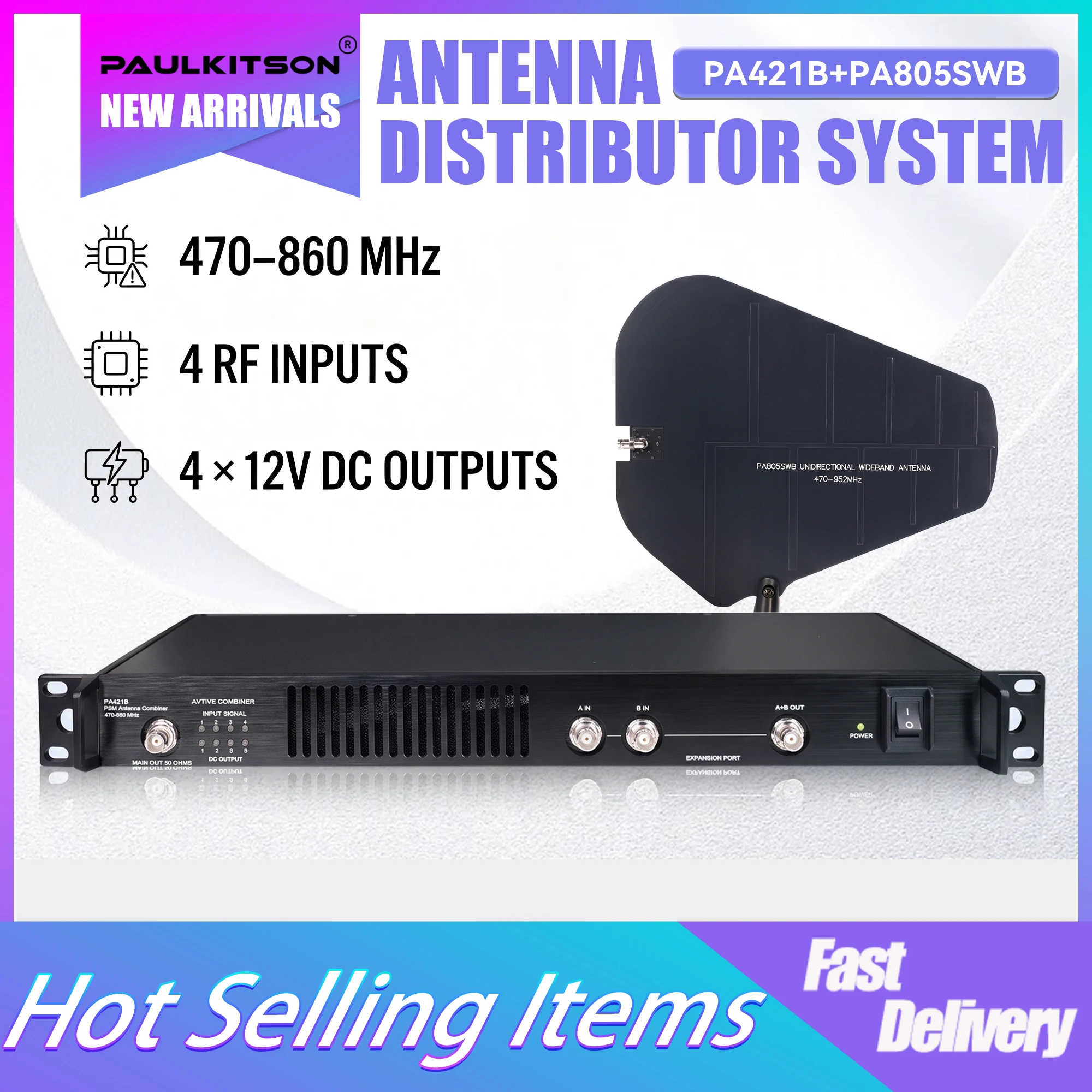 `Paulkitson PA421B+PA805SWB Antenna Distributor System 470-860MHz 4-Ch RF Inputs 4x12V DC Outputs for Wireless Mic Stage DJ Chur