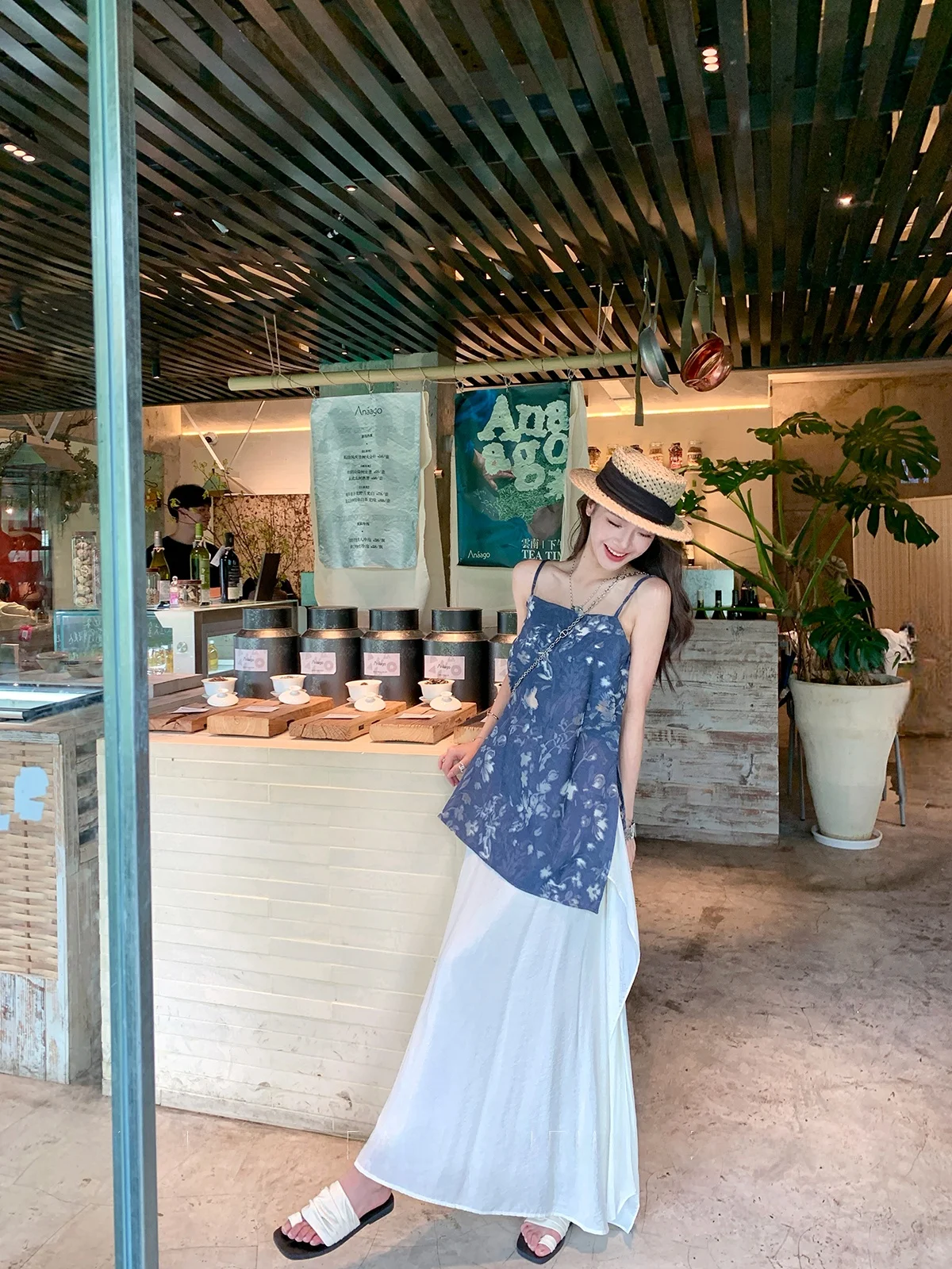 

White A-Line Midi Skirt Women's Summer New Simple Ele Slimming High Waist Fro with Puff Sves by Yang PaoPao