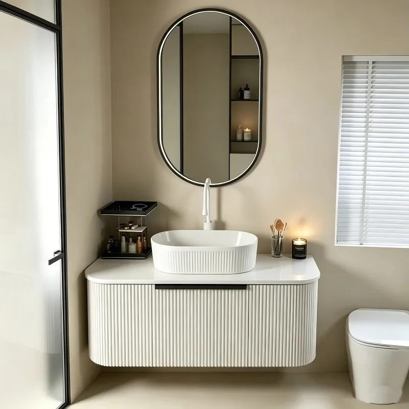 Modern Nordic Cream White Wavy Fluted Wall Hung Vanity, Floating Storage Cabinet With Oval LED Mirror Ceramic Counter Basin Sink