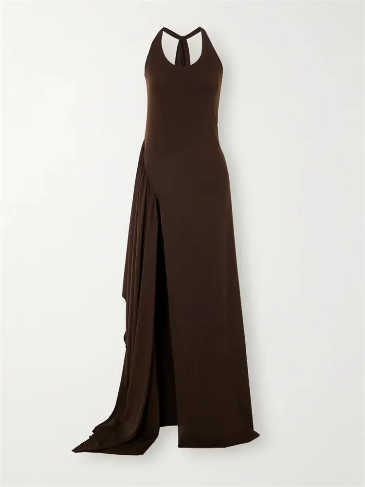 

New Arrival Halter Neckline Sleeveless Straight Evening Dress Elegant Open Back Zipper Floor Length High Slit Gown For Women