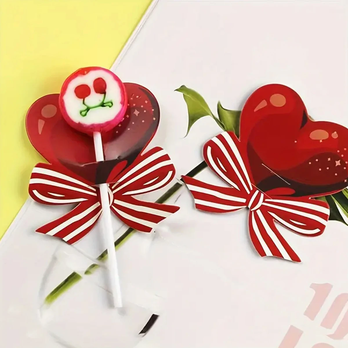 50pcs Red Heart Bow Lollipop Decorative Card Valentine's Day Wedding Party DIY Decoration Greeting Cards