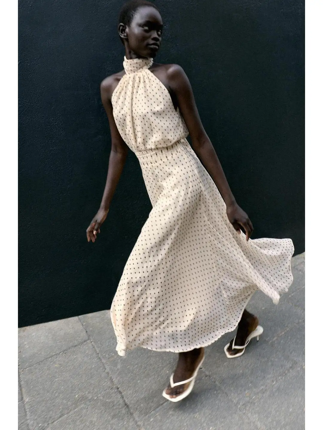 Elegant Polka Dot Midi Dress with Waist G Gathering Neck Hanging Bow Knot Design Autumn Collection Casual Fashion Ladies Dress