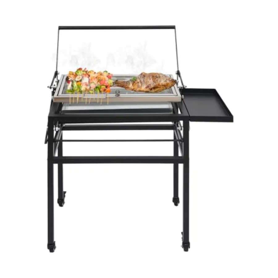 Outdoor charcoal grill with 360 rotating cooking grid, height-adjustable portable stand, detachable wheels, and compact flippin