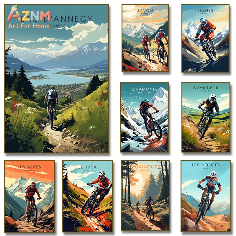 Mountain Biking France - Винтажный холст AZNM с изображением горных