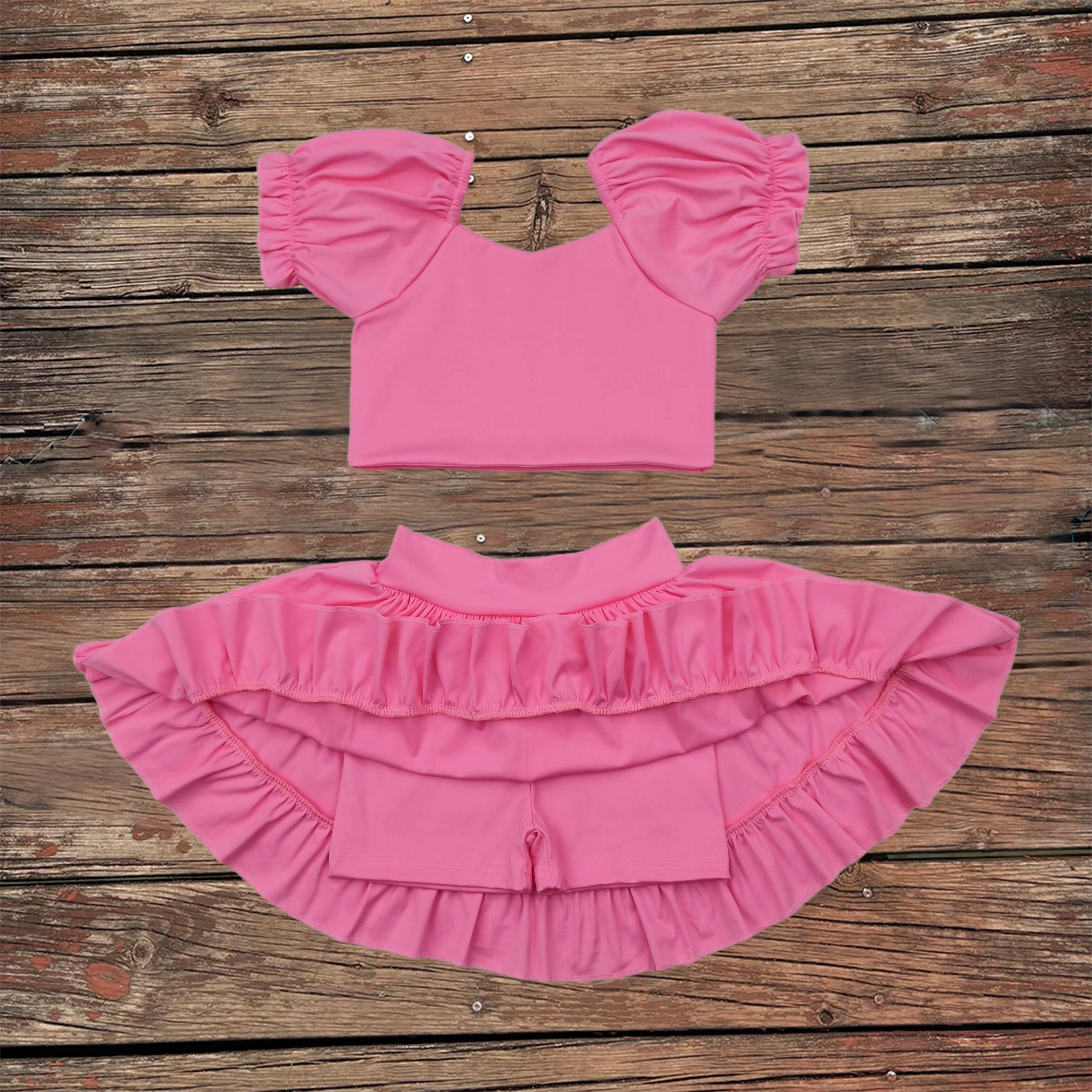 

Wholesale Baby Girls Clothes Toddler Short Sleeves Yoga Shirt Skirt Kids Active Wear Clothing Children Pink Ruffle Skorts Sets
