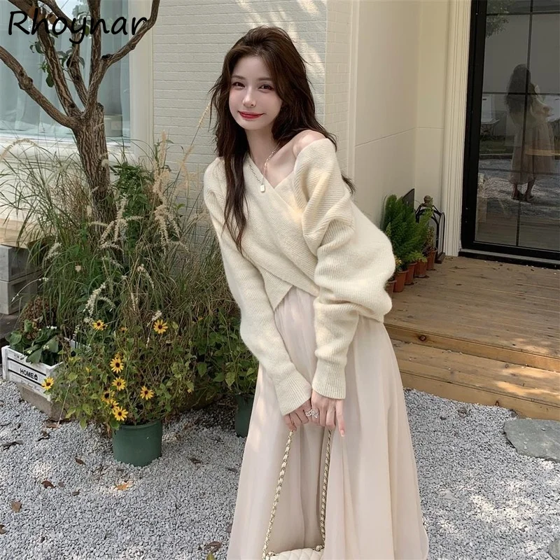 

Женский комплект из 2 предметов, повседневный лоскутный свитер крест-накрест, универсальный стильный осенний Новое поступление, элегантный укороченный свитер трапециевидной формы Faldas Mujer, уютный