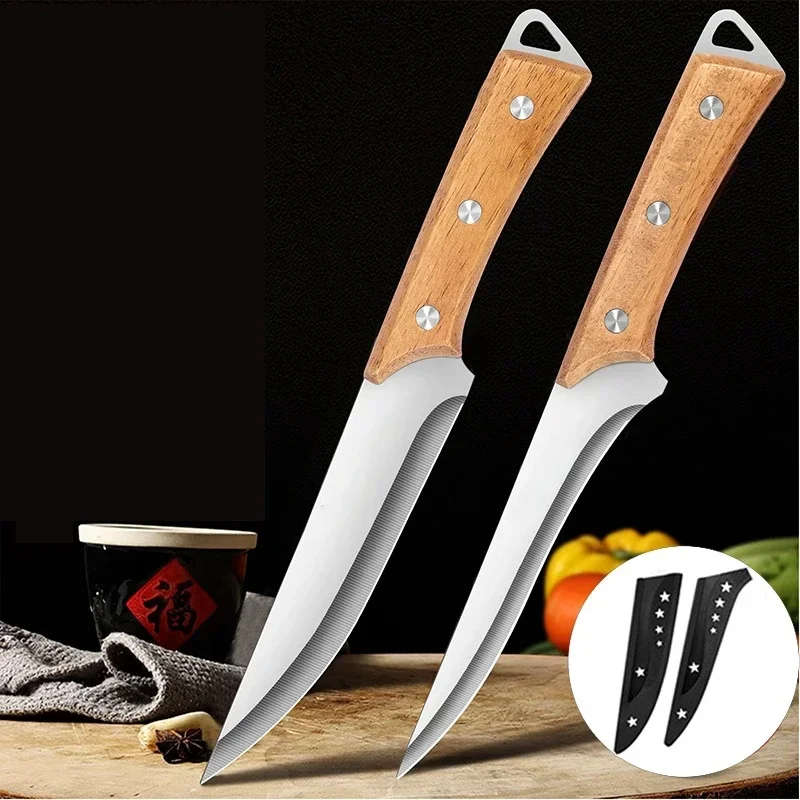 Stainless Steel Fillet Boning Knife Professional Chef's Kitchen Knife Forged Meat Cleaver Fish Slicing Knife Wooden Handle
