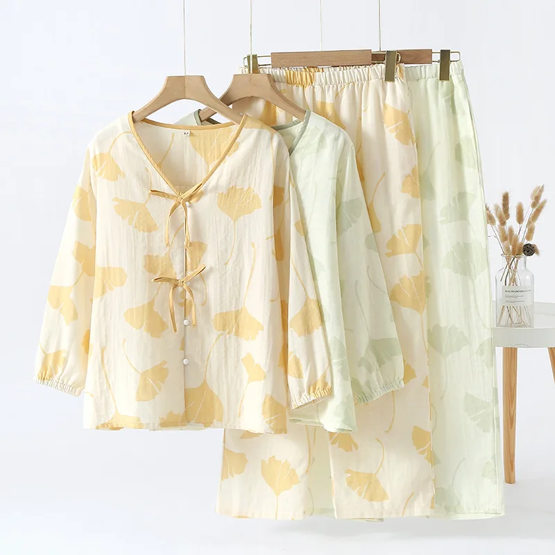 Spring Autumn Women Cotton Pajamas 2 Pcs Long Sleeve Shirt&pant Home Wear Sleepwear Vintage Elegant Home Clothes Comfy Nightwear