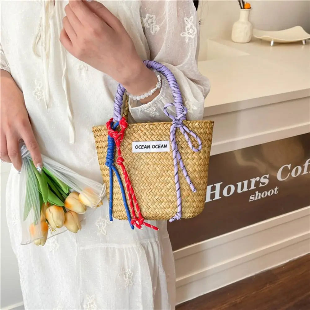 

Trendy Large Capacity Straw Basket Bag Handmade Fashion Weave Tote Bag Nylon Rope Simple Summer Beach Handbag Girls