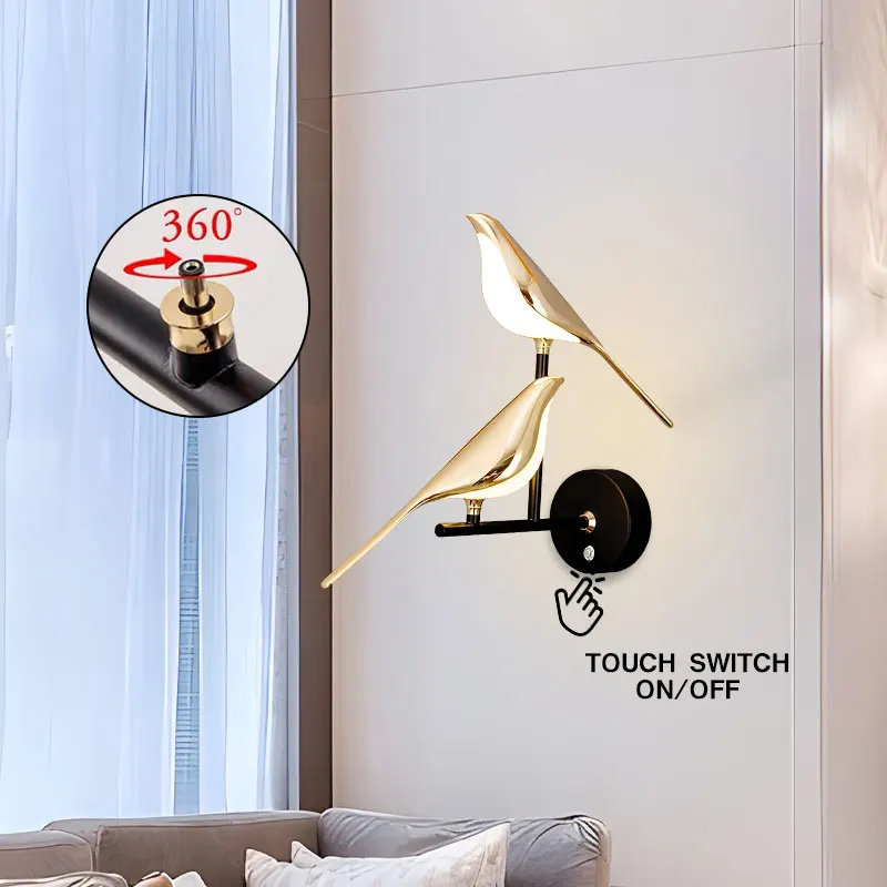 Imagem -05 - Magpie Bird-touch Switch on e Off Led Wall Lamps Luzes de Parede para Cabeceira Quarto 360 ° Rotativo Ouro Prata Arcabeceira Interior