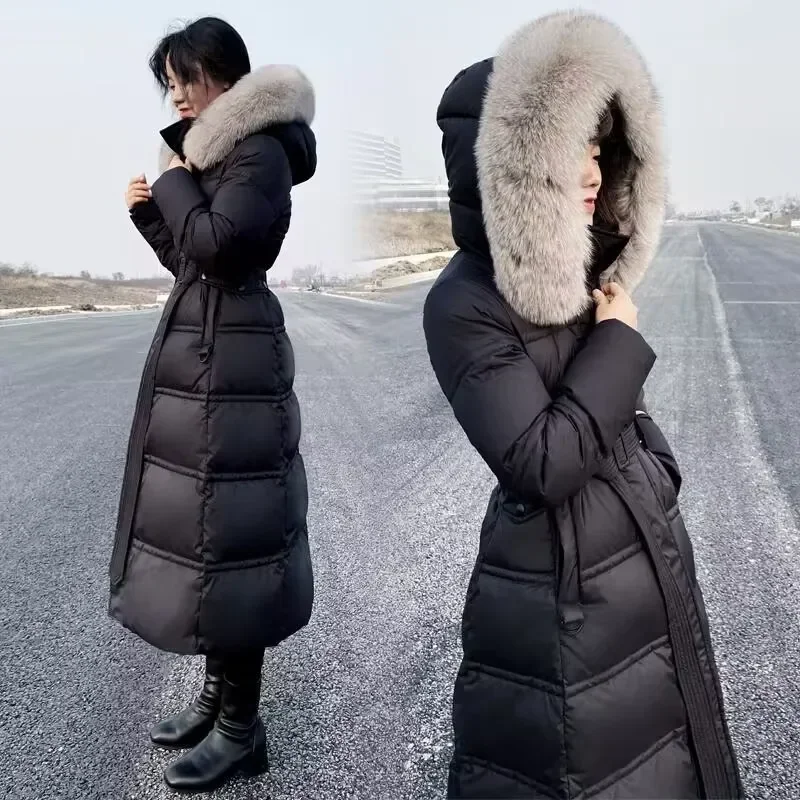 2023Fashion Winter Women Down Coat Fox Fur Collar Thickened White Duck Down Coat Warm Slim Fit High End European Women Long Coat