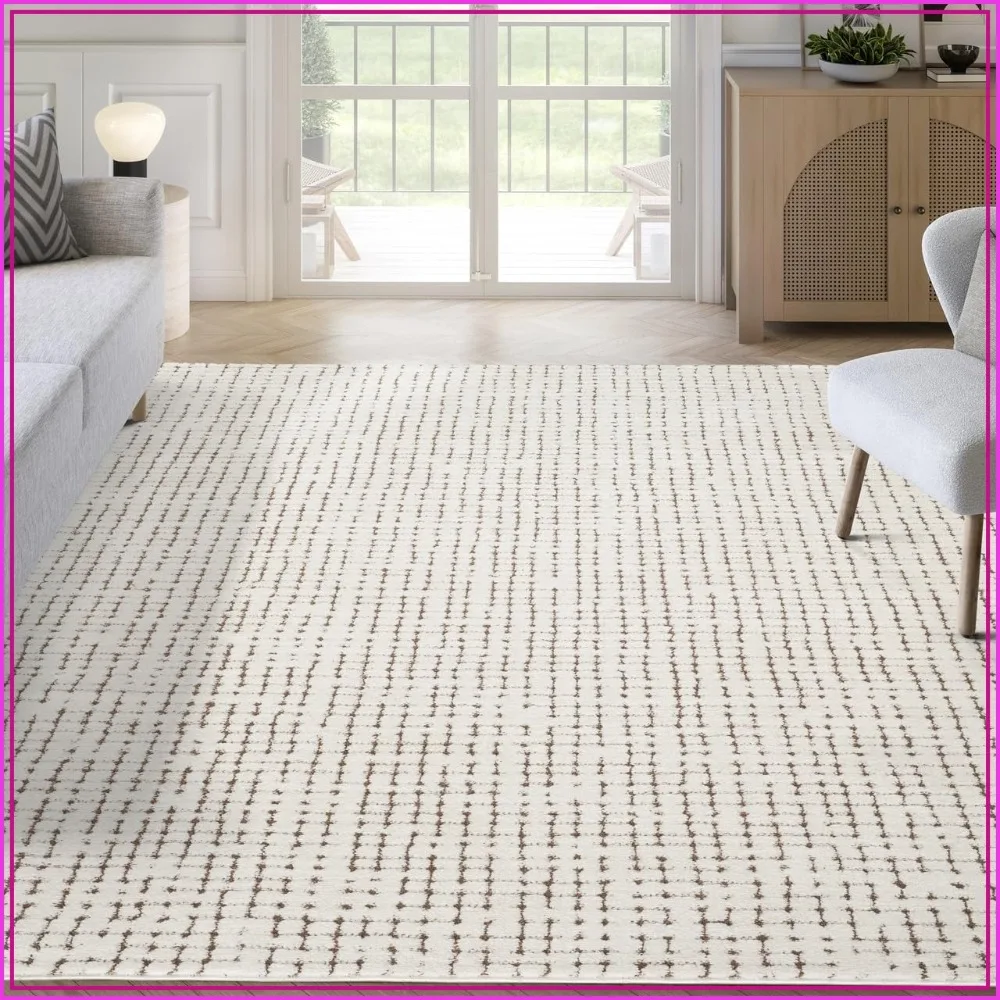 Abani Cream Brown Area Rug 5x8 Crosshatch Non-Shedding Easy Clean for Living Room Bedroom Office