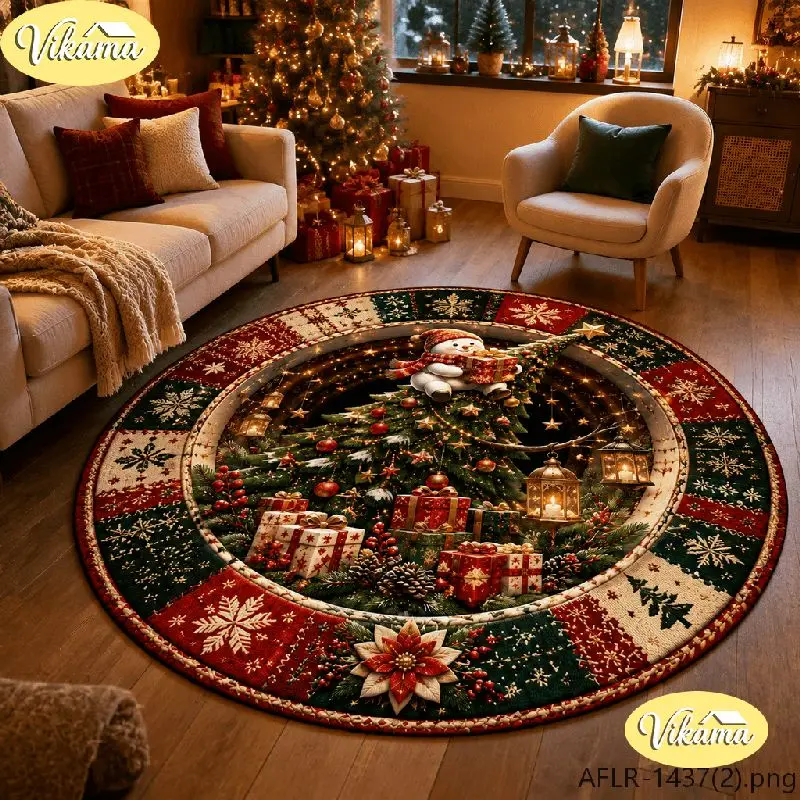 VIKAMA Christmas Round Rug Snowman Plaid Scarf Lantern Gifts Area Rug Living Room Holiday Home Decor Aesthetic Art Large Premium