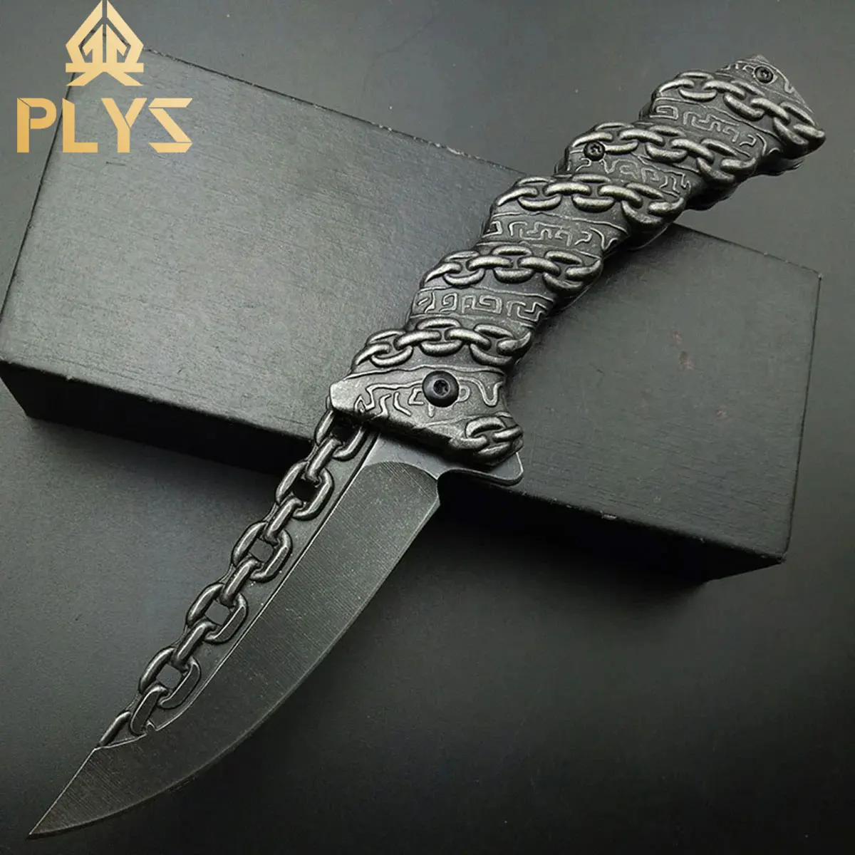 Embossed chain steel handle folding knife Stainless steel outdoor wilderness pocket knife Hiking carry-on camping knife