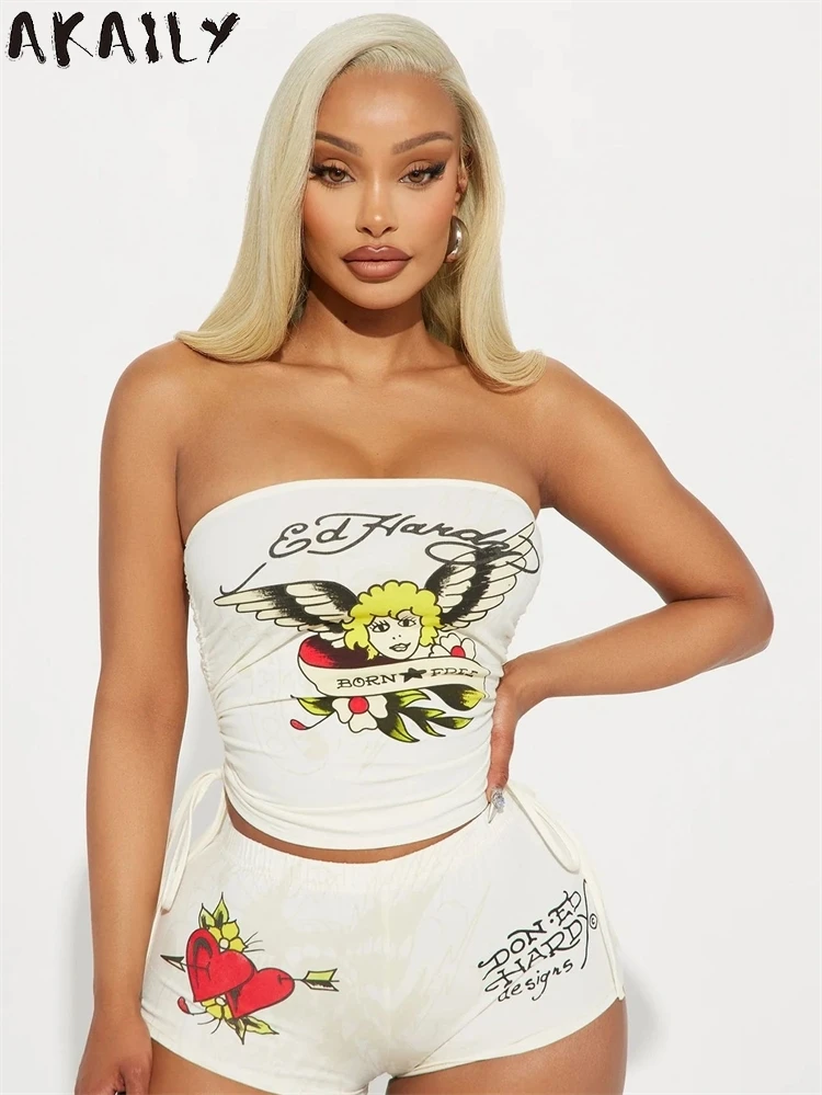 Akaily Summer Y2K Black Print Sexy Strapless 2 Two Piece Set Streetwear For Women 2024 Drawstring Tube Top And Skinny Shorts Set