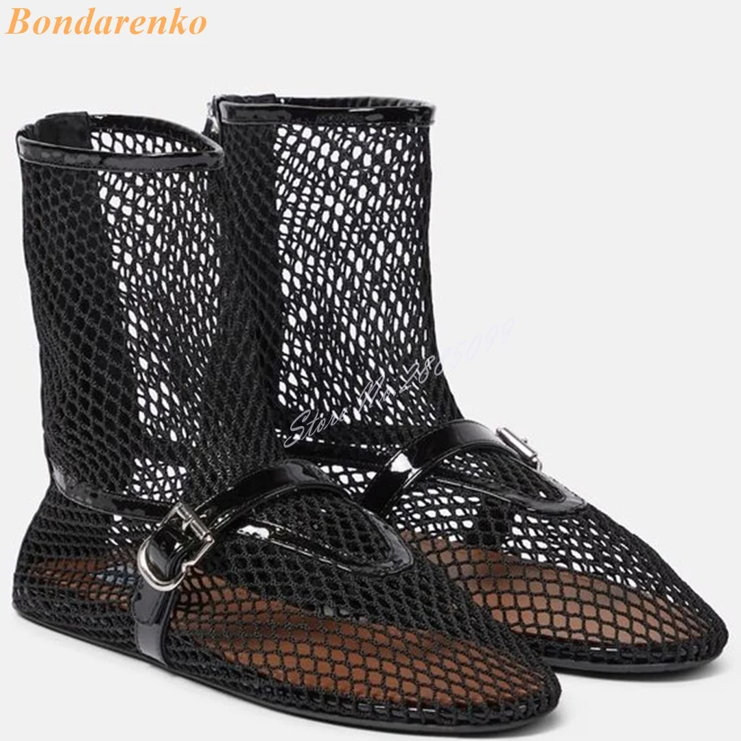 Mesh hohle Sandalen Stiefel runde Zehen flach mit Schnallen Sommer Frauen Schuhe lässig Party zurück Reiß verschluss solide neuen Stil Designer Schuhe