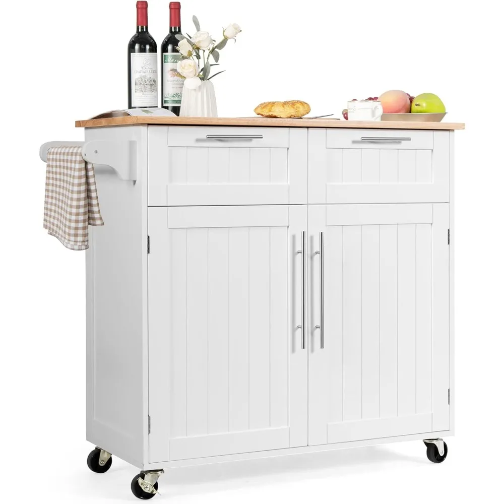 Kitchen Island Cart on Wheels, with Side Towel Bar,  Drawers,  Door Cabinet, Rolling Storage Trolley Cart with Rubber