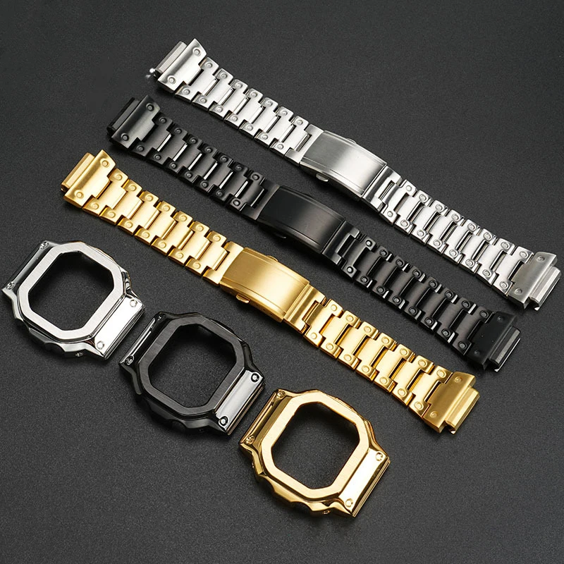 For Casio DW-H5600 Series Case Watchband Modified Speical Interface Case Strap Set Solid Stainless Steel Bracelet Golden Black