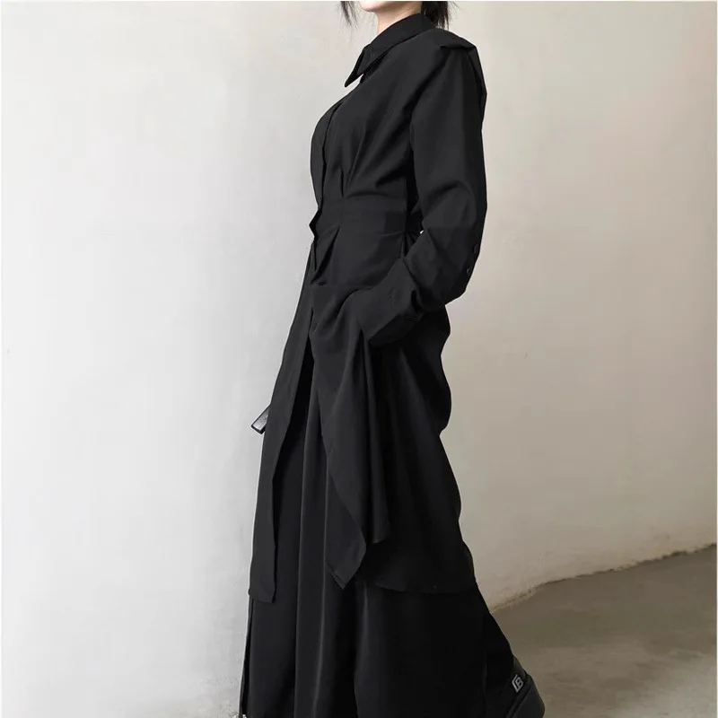 

Fashion Women's Long Trench Shirt Dress Minimalism Black Dark Style Y2k Punk Streetwear Casual Women's Clothes YY Japan Style