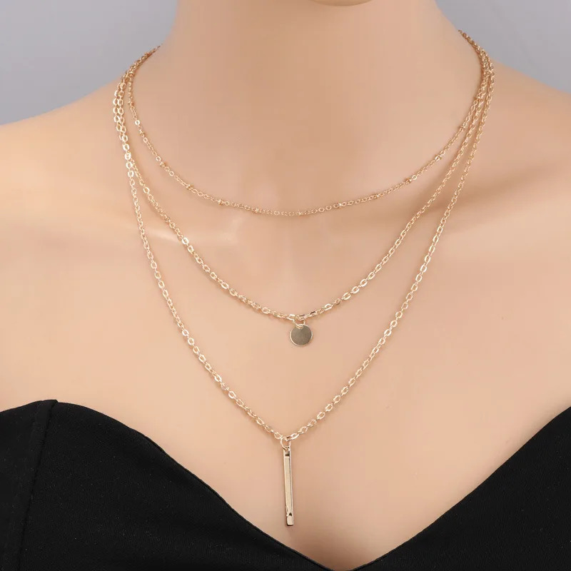 New Women Fashion Gold Color 3 Layers Chain Necklace Hollow Out Triangle Long Pendant Necklaces Jewelry Jewelry Gift image 2