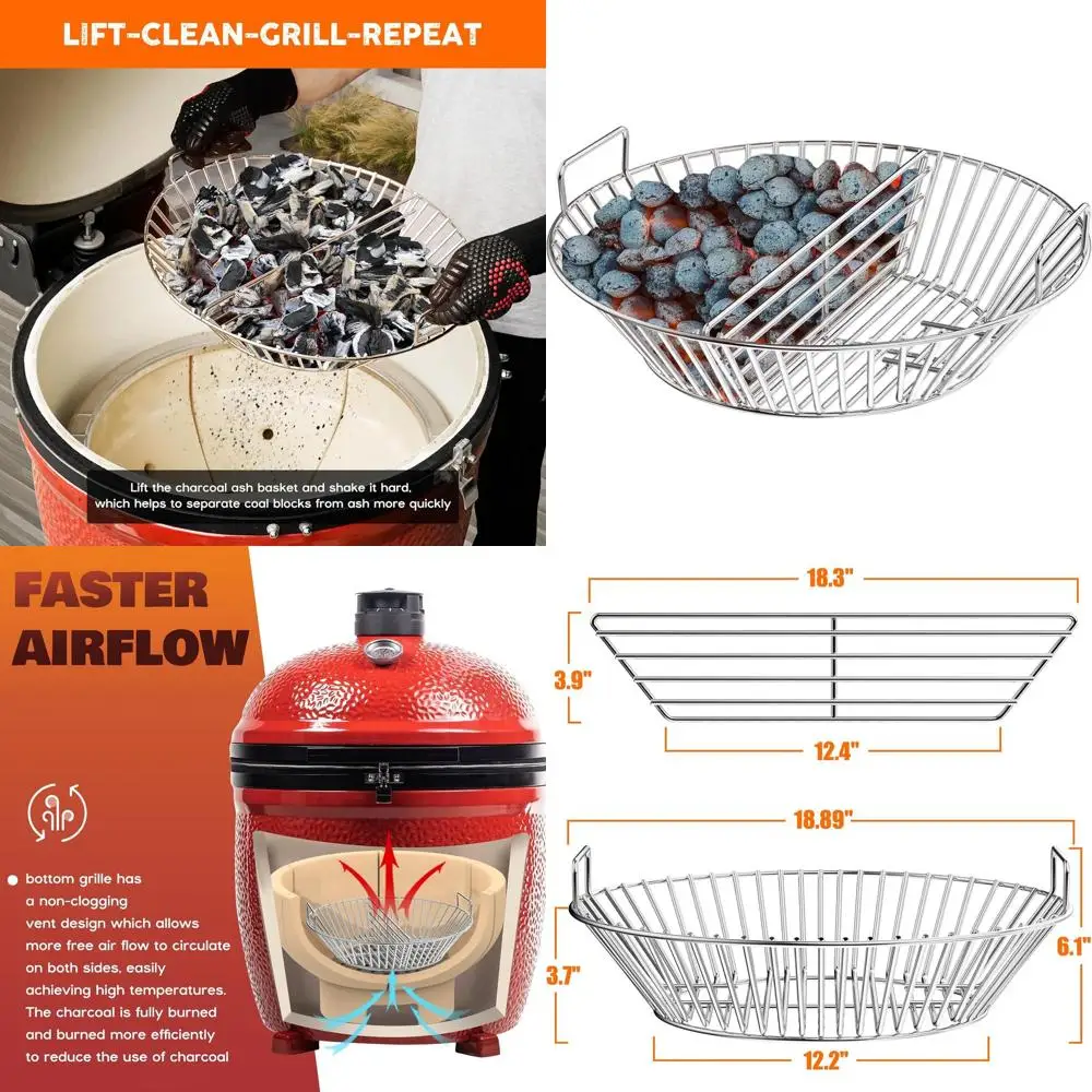 

Stainless Steel Charcoal Ash Basket with Handles, Compatible with Large Kamado Grills