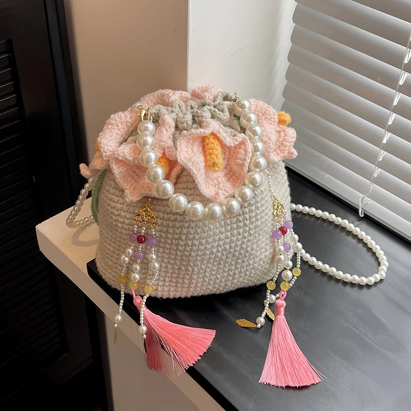 New Women Manual Fabric Handbag Yarn Crochet Childhood Flower Handmade Lady Bucket Shopping Bag for Daughter Girl Birthday Gift