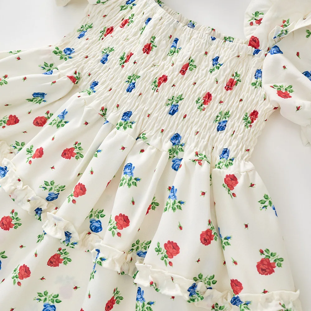 Girl Floral Short Sleeved Dress Summer New Children\'s Clothing  Square Neckline Pastoral Style Party Princess Dress Kids Dress