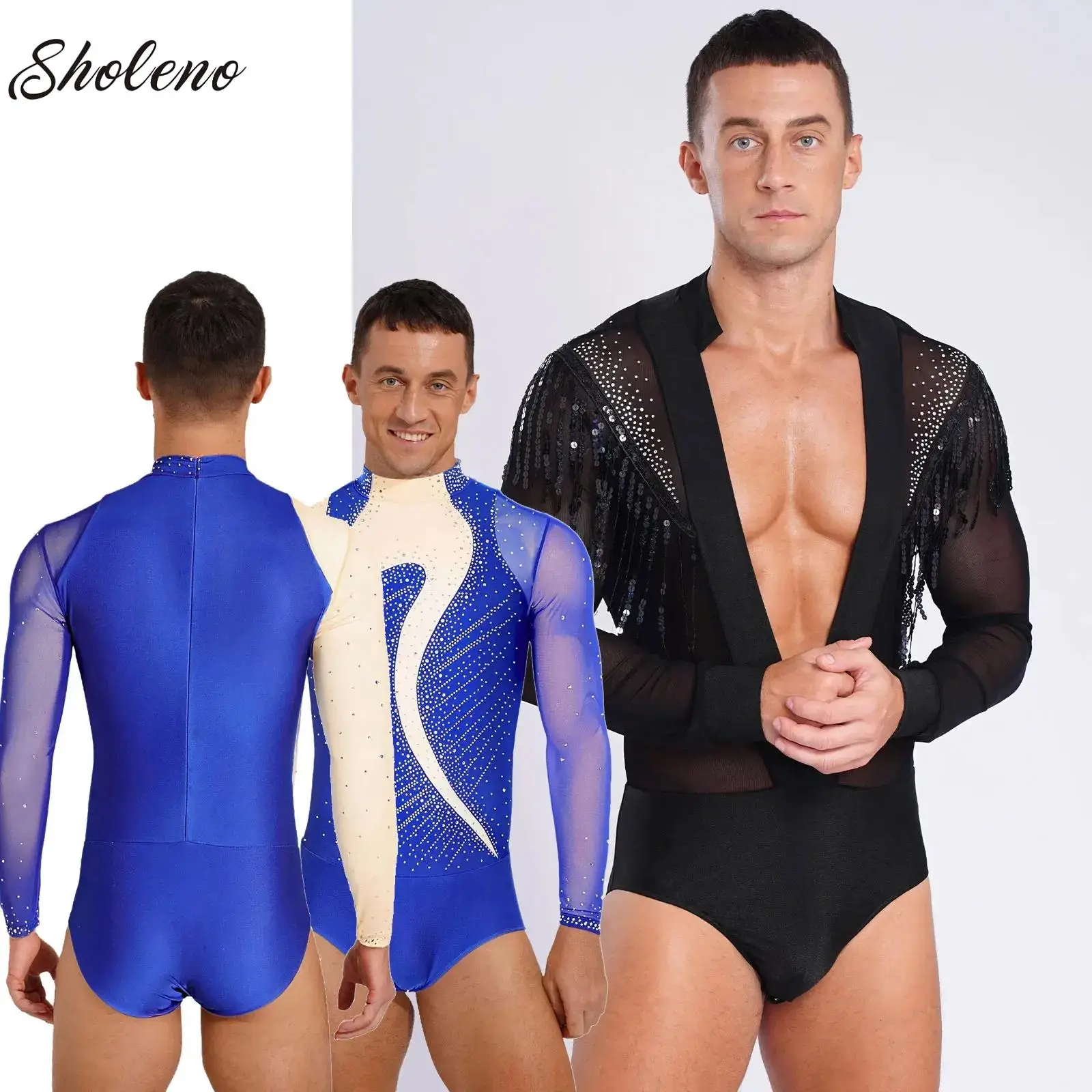 

Mens Gymnastics Artistic Ballet Jersey Leotards Figure Skating Costume Sheer Mesh Shiny Sequins Leotard Long Sleeve bodysuit