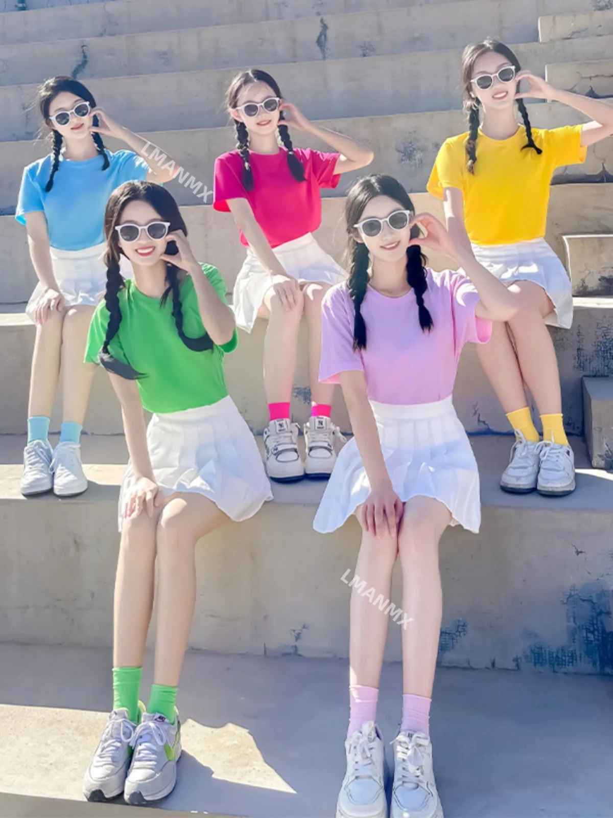 

Candy colored pleated skirt set for summer cheerleading performance cheerleading costume