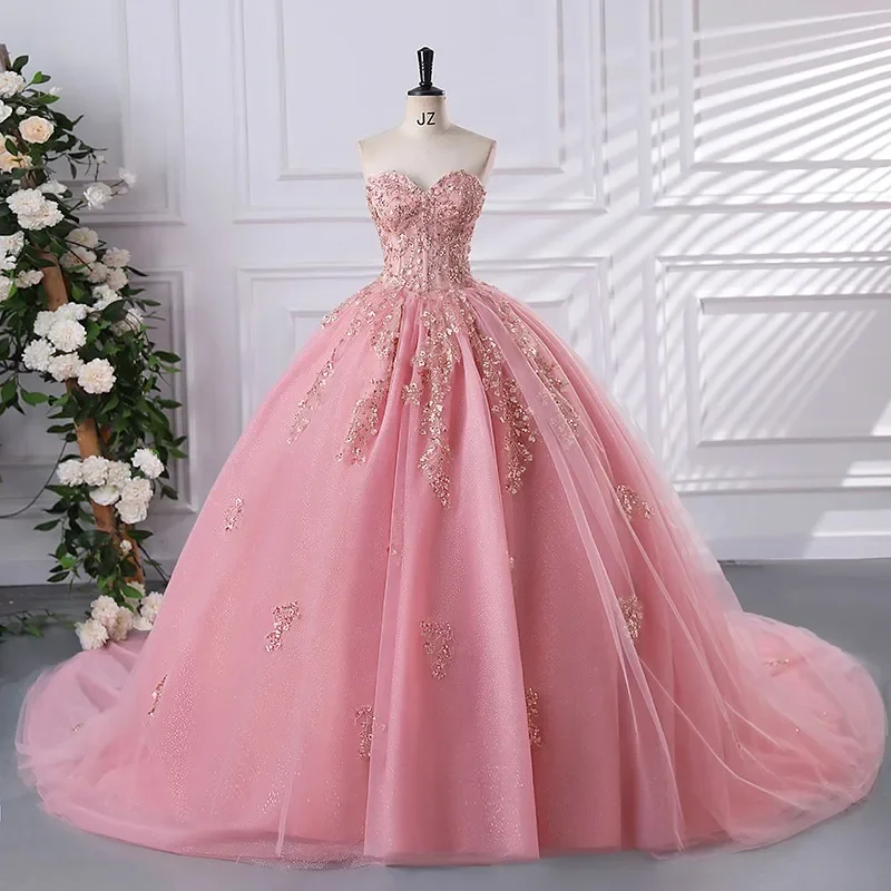 Custom JDY High Strapless Beaded Sequin Glitter Tulle Train Flower Girl Dress Wedding Party Gown Birthday Pageant Dress فساتين ا
