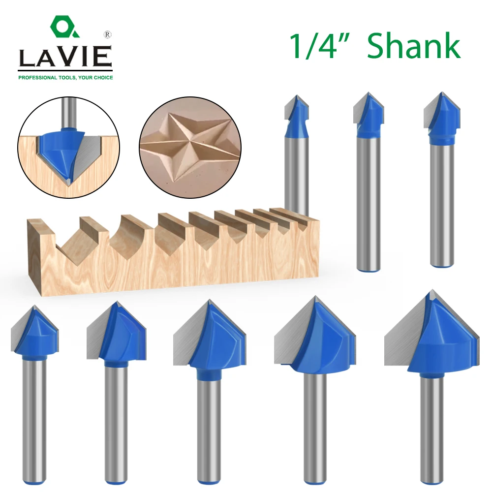 

LAVIE 4PCS 6PCS 7PCS 8PCS 6mm 1/4 shank 90 V Type Slotting Cutter Carving Grooving Tools router bit set Safety Milling Cutters