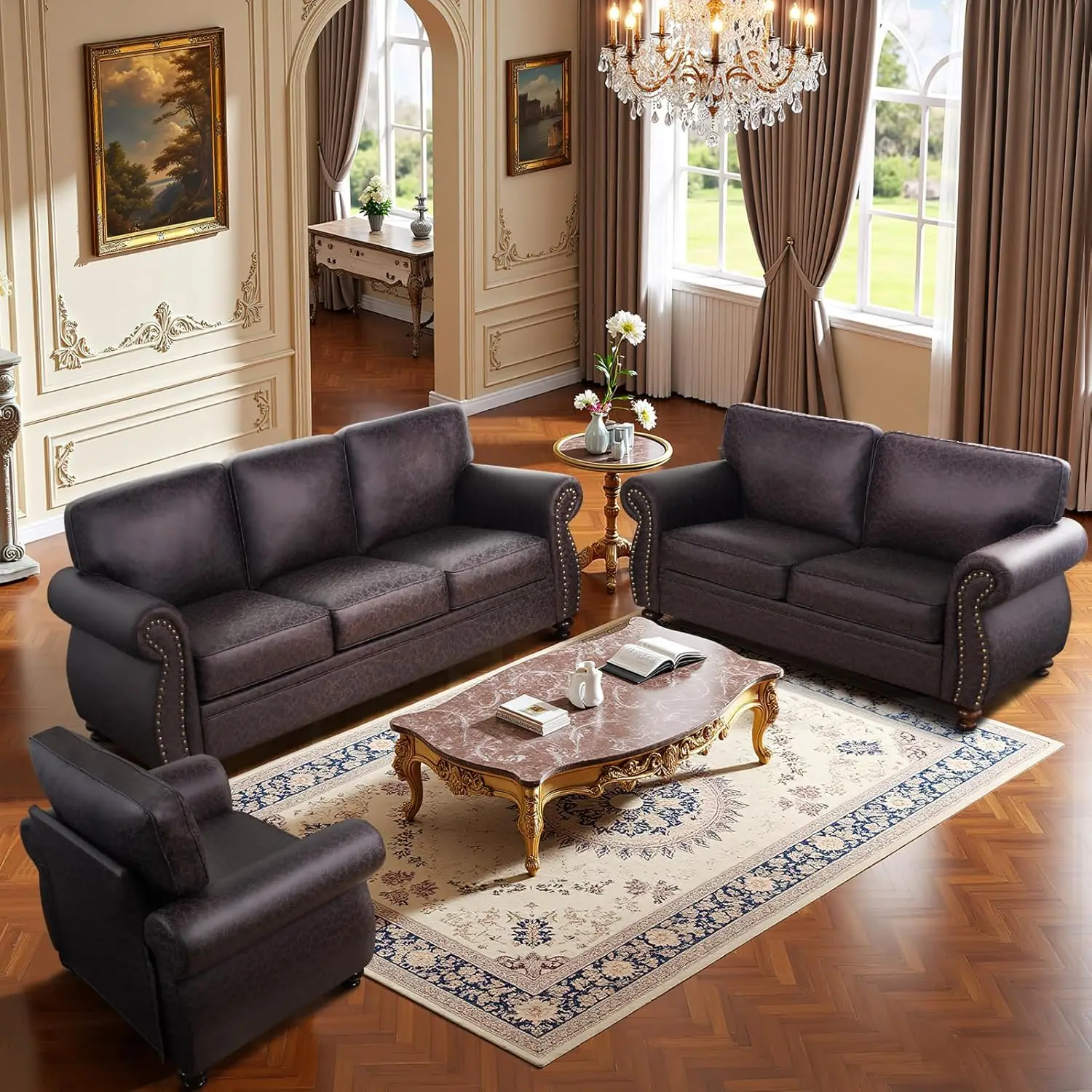 Customized Mid-Century Vintage 3-Seater Sofa Rivet Design Removable Cover Upholstered Cushions for Living Room Furniture