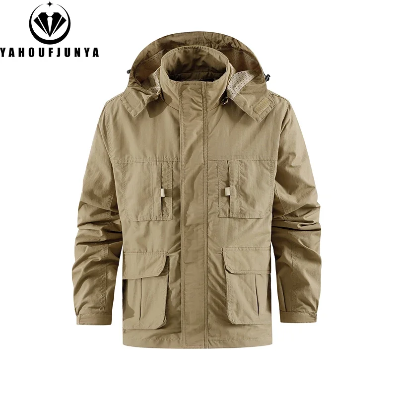 Men Autumn Cargo Outdoor Casual Detachable Hooded Jacket Men Utility Many Pocket Zipper Solid Color Windproof Jacket Male Coat