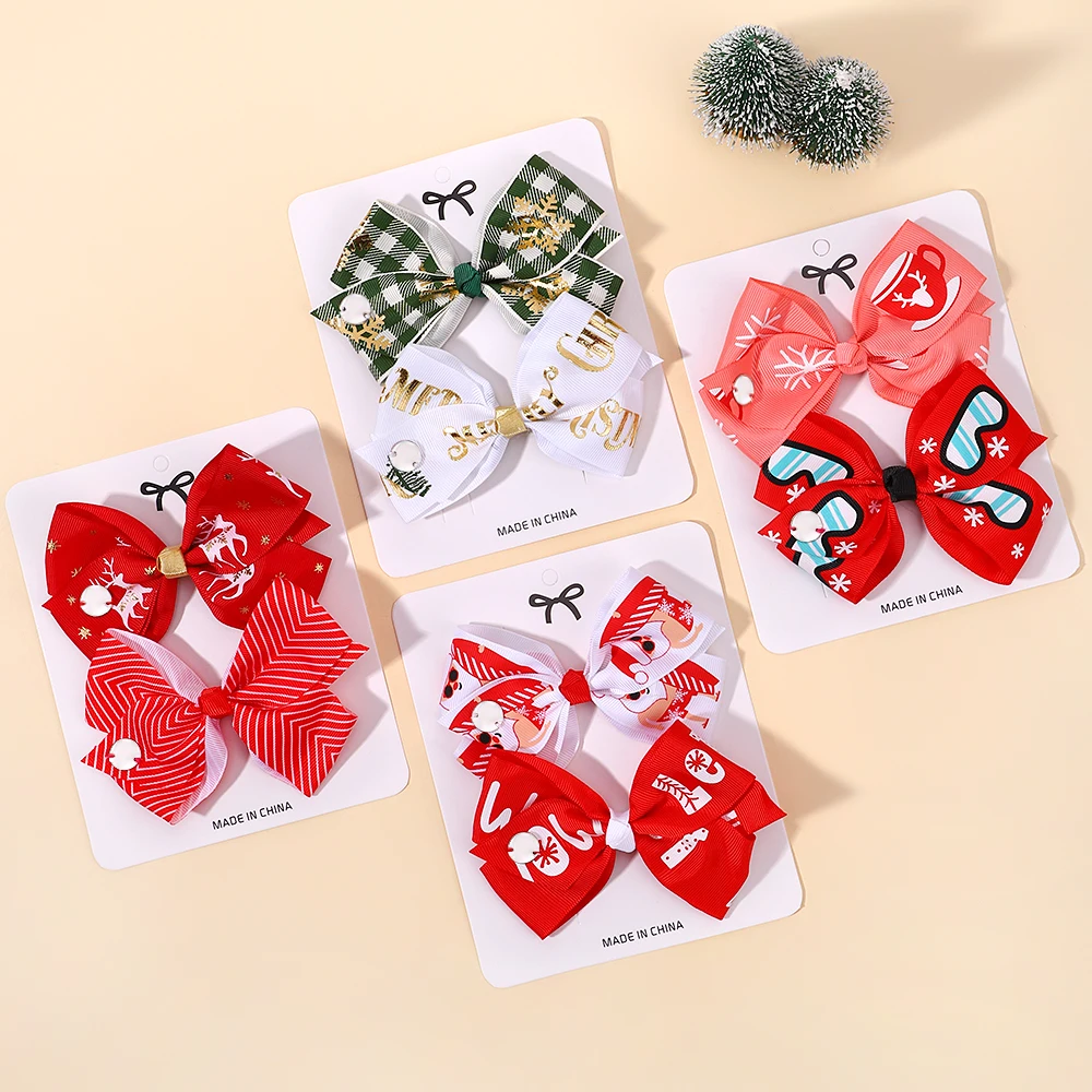 2PCS/Pack Christmas Hair Bow Clips Baby Girl Print Hair Clips Hairpins Boutique Bow Clips for Kids Party Hair Accessories Gift