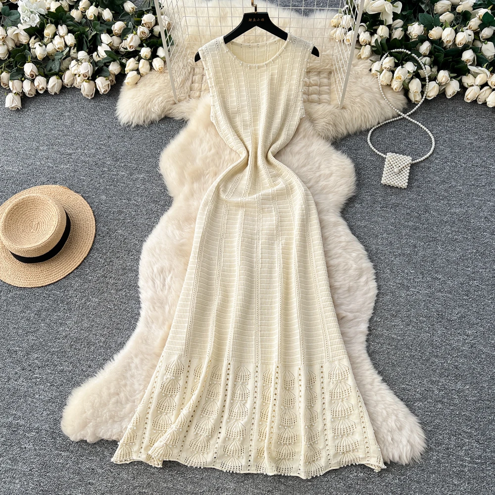 

Chic vintage sleeveless Beading Long dress korean fashion autumn women clothing ceremony dresses