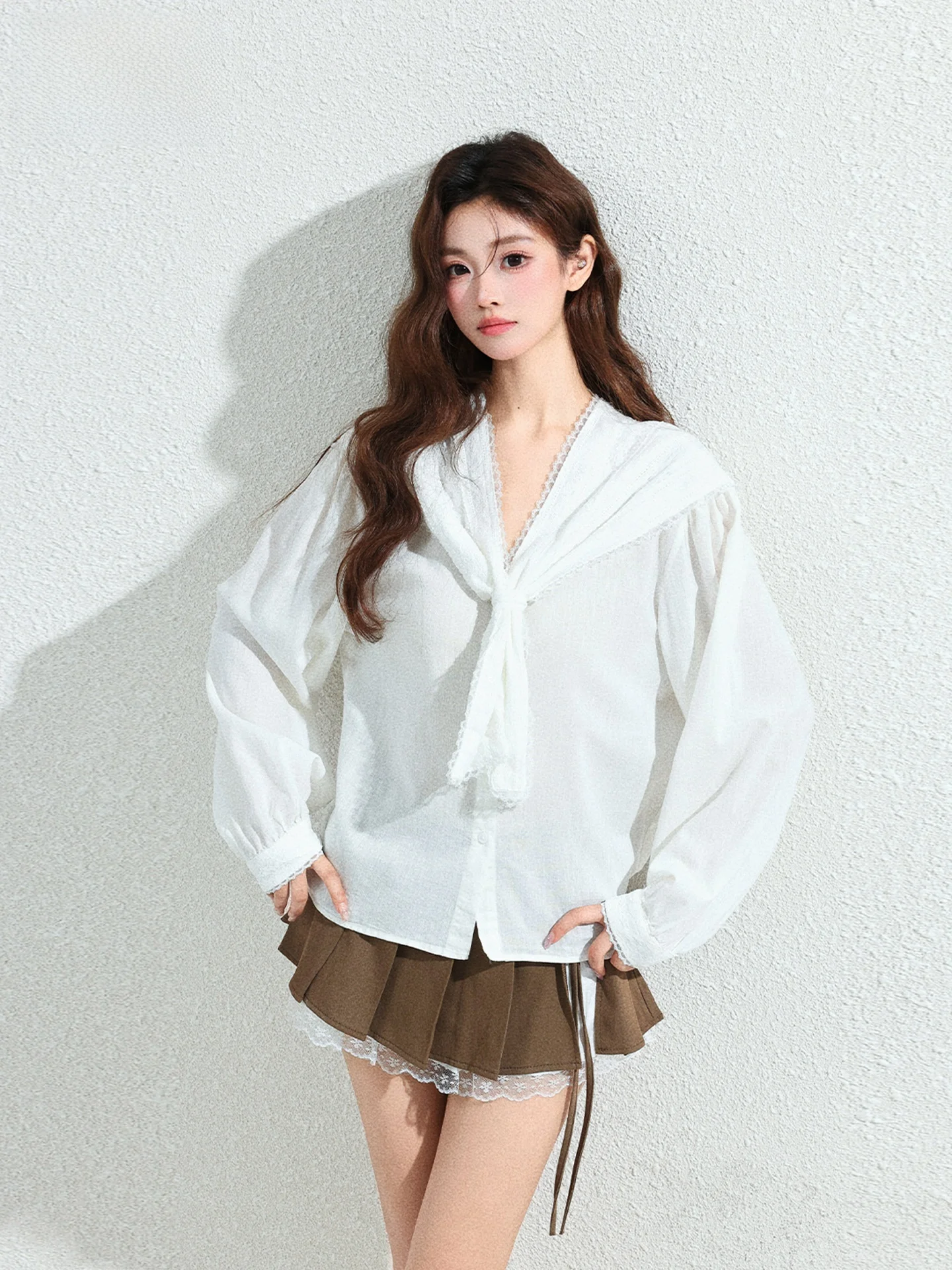 

Naval Collar Shirt Women's Long Sleeve Loose Lace Trim Top Spring 2026 New Style Casual Style Button Closure Regular Sleeve