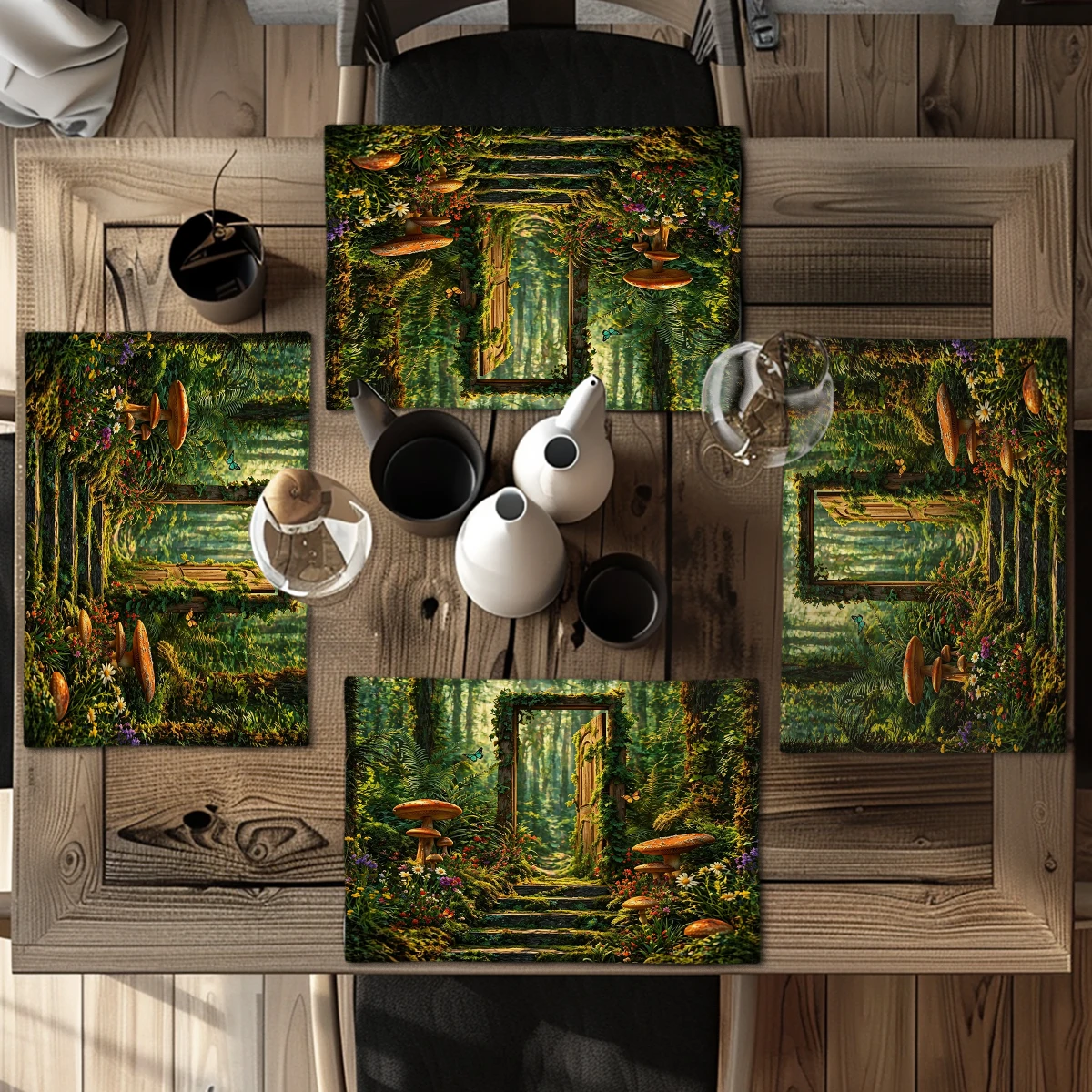 Enchanted Forest Door Pattern Polyester Placemats - Set of 4, Decorative Table Mats for Dining Table, Home Kitchen & Party Use