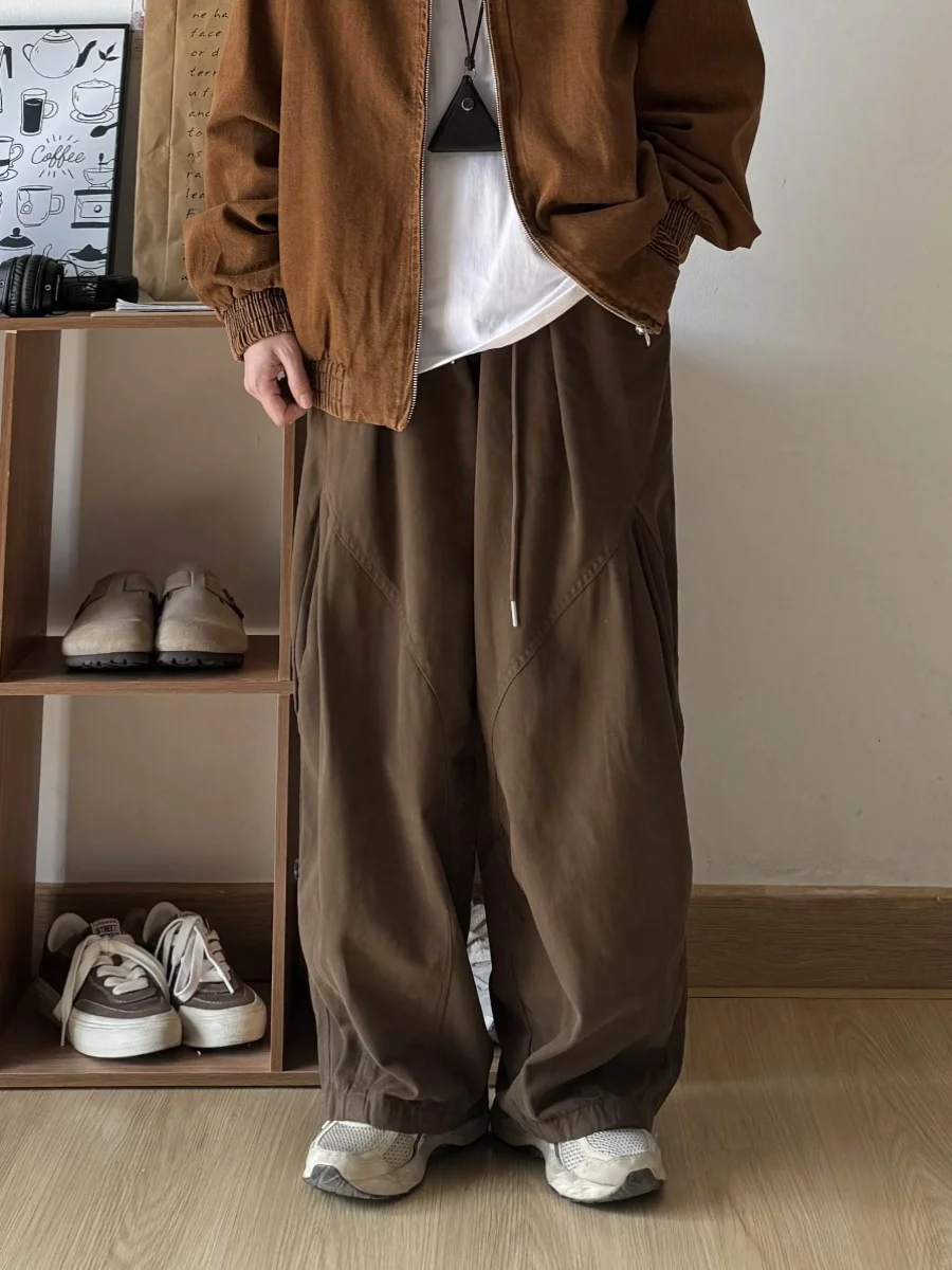 Loose Fit Casual Work Pants Men's Solid Color Elastic Waist Design Versatile Wide Leg Long Trousers Youth Popular All Seasons