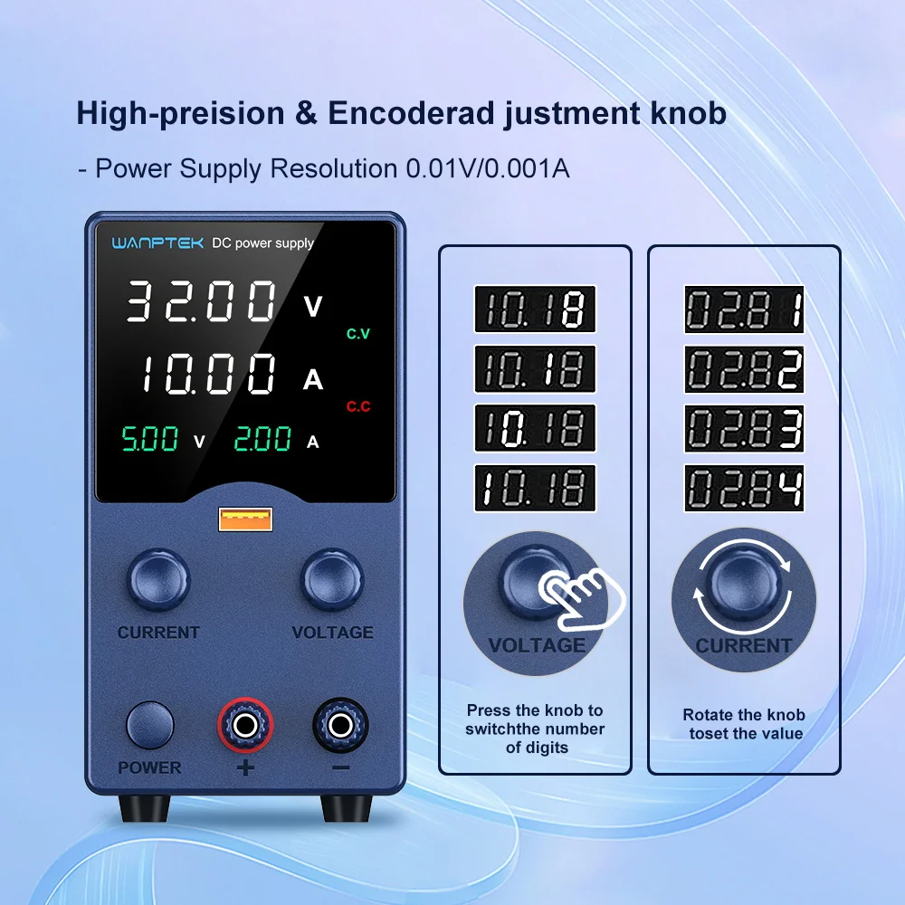 Wanptek DC Laboratory Power Supply Adjustable 30V 60V 120V with USB Output Display Adjustable Regulated Lab Bench Power Supplies