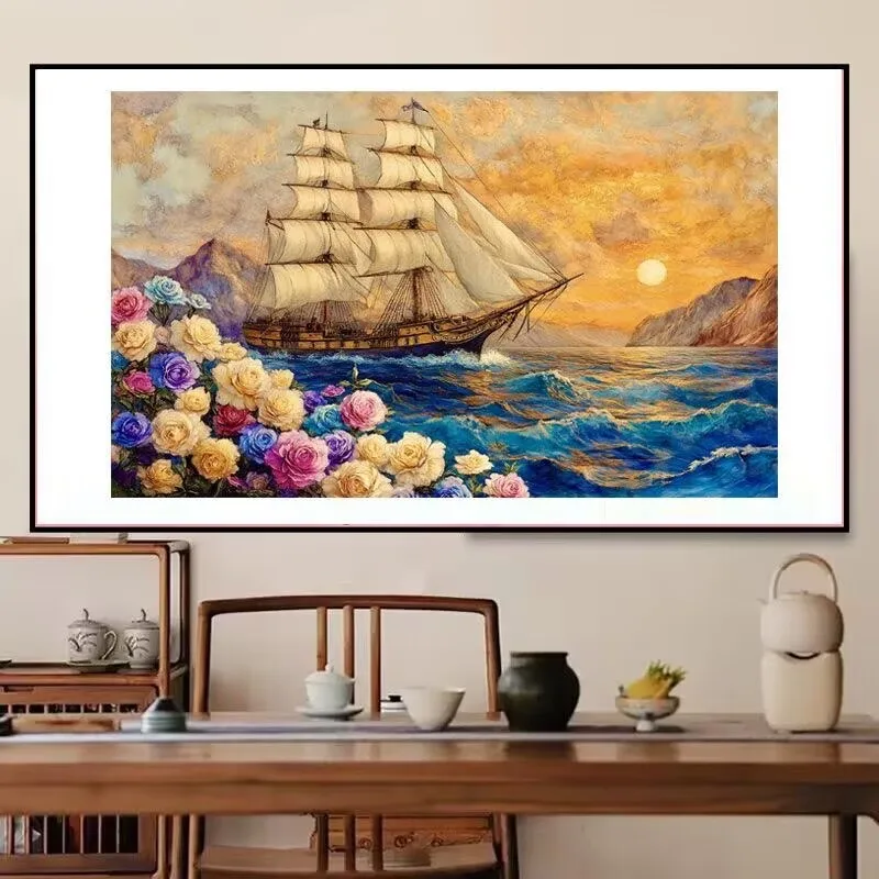 

Sailboat Printed Kits Cross Stitch 11CT 9CT Embroidery DIY Cotton Needlework Sets Crafts With Needles