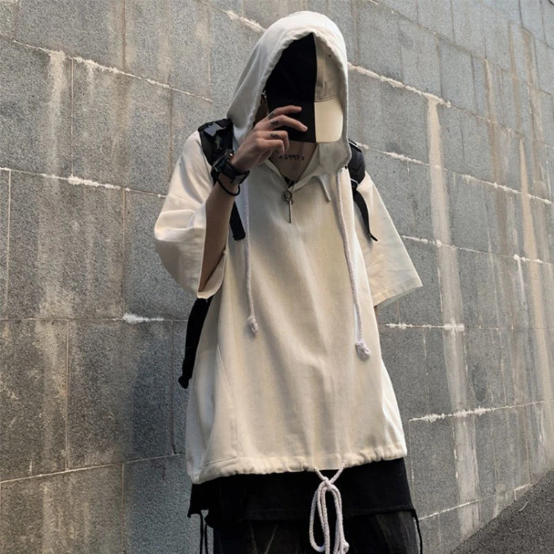 Summer Drawstring Short Sleeve Men Hooded Sweatshirts Student Fashion Harajuku Casual Punk Oversized Pullover Black White Orange