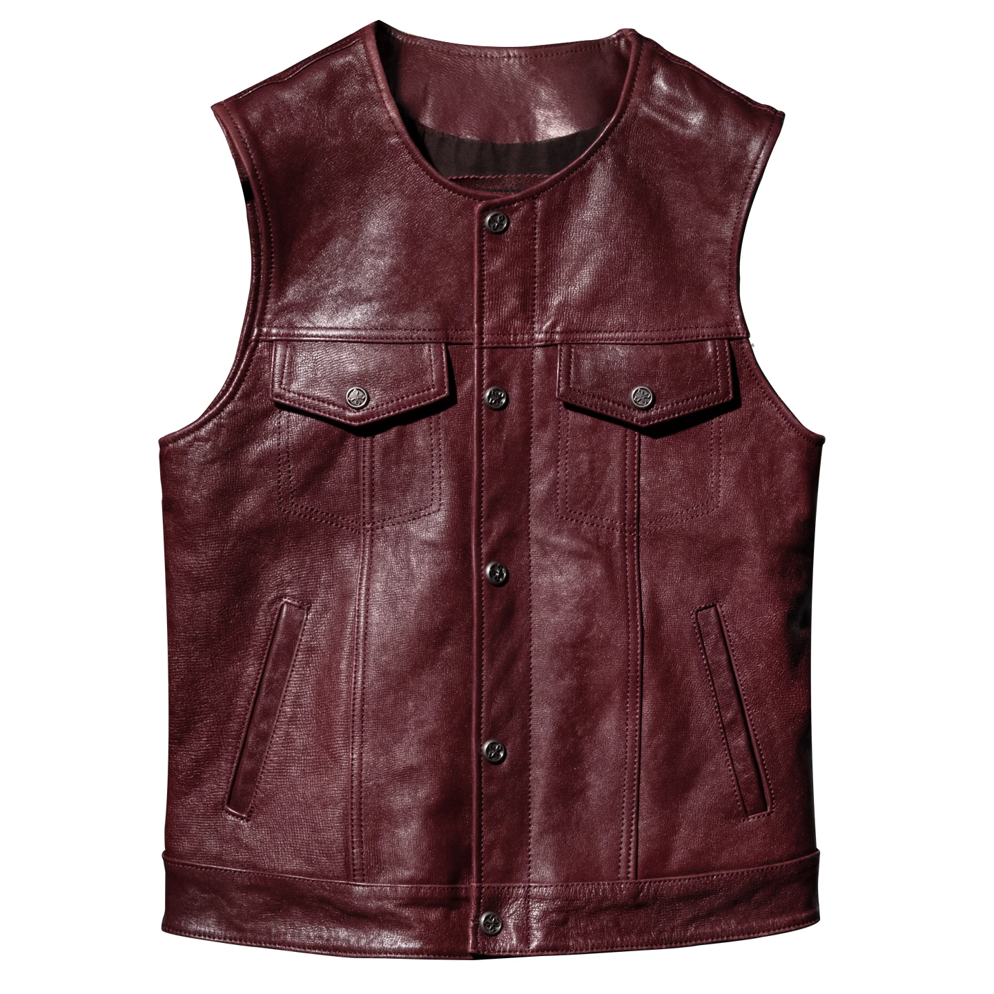 

Винно-красный кожаный жилет Four Seasons для мужчин в стиле ретро, повседневный стиль, большие размеры 5XL, натуральная овчина, облегающий однобортный жилет