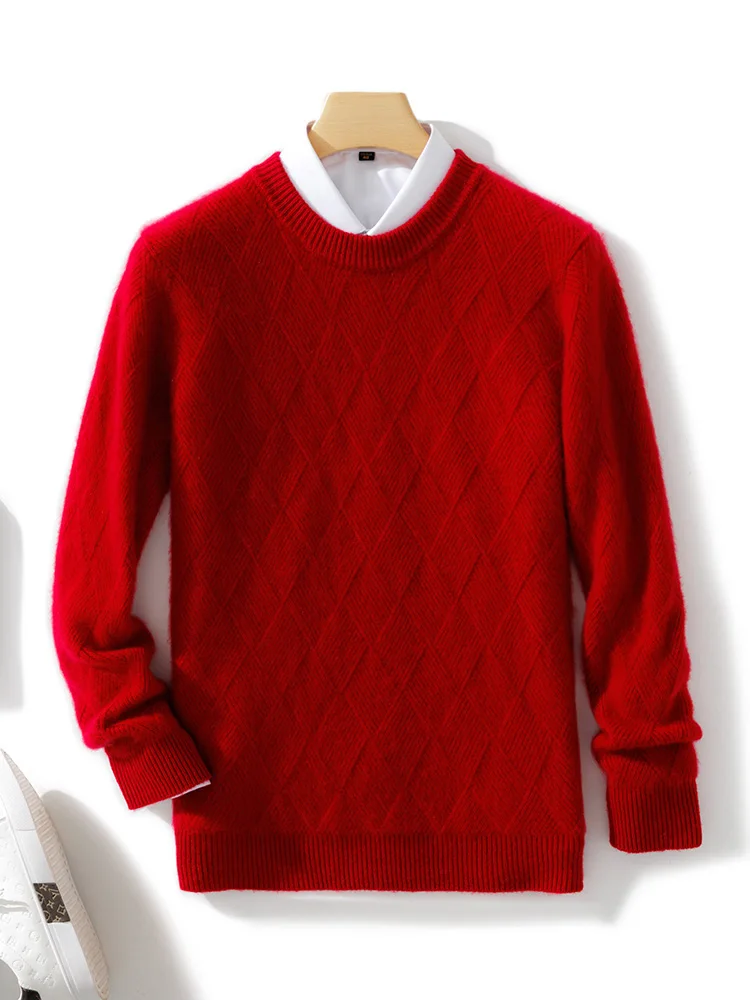 Autumn Winter Men\'s O-neck Wool Sweater Long Sleeve Pullover Basic Casual Rhombus Knit Clothing 100% Merino Wool Knitwear Tops