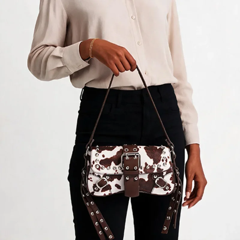 Cow Print Color-blocked Underarm Bag,Studded Tassel,European American Fashionable Retro Maillard Style Belt Buckle Shoulder Bag