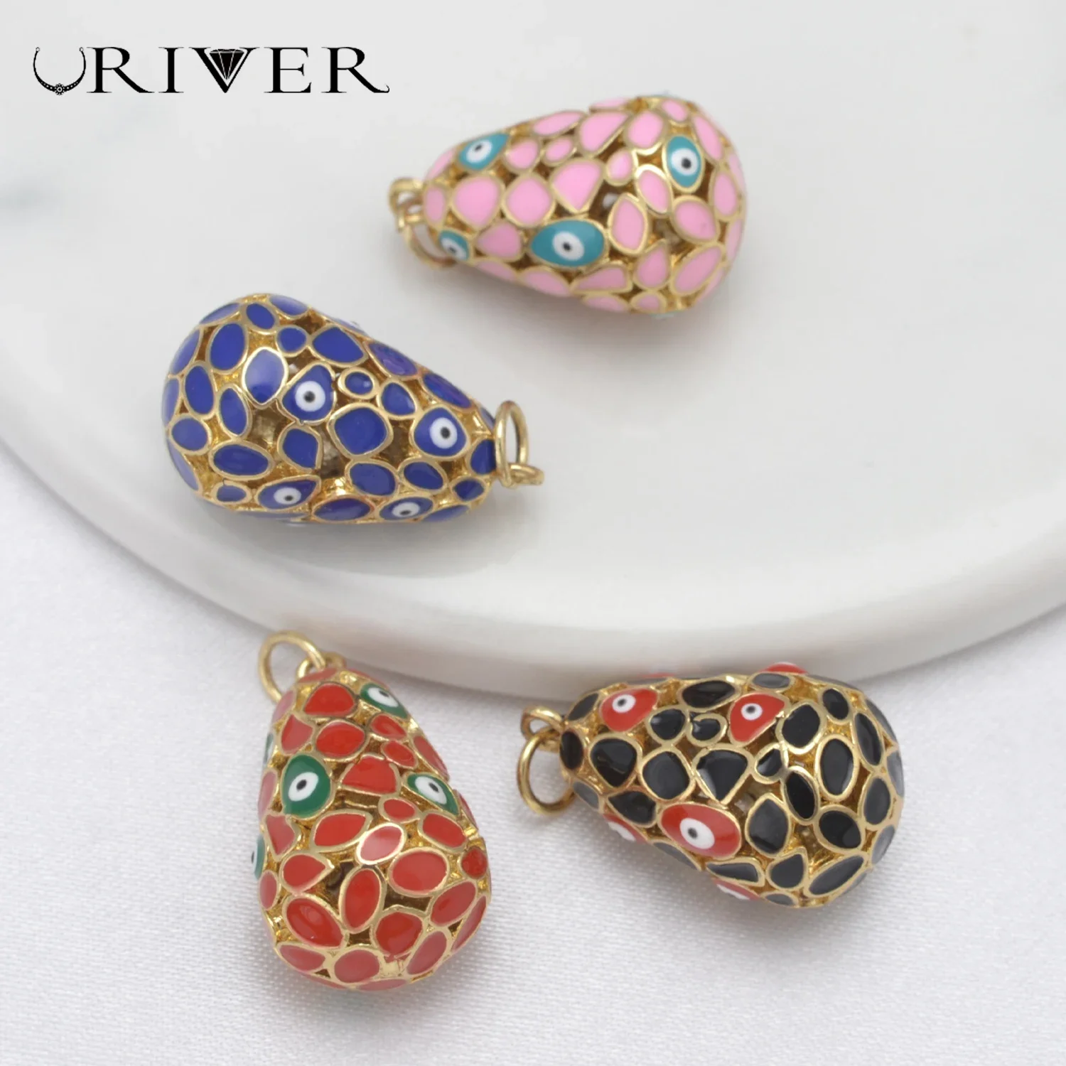 LJRIVER 2 Pieces Hollow Oval Greek Evil Eye Charms for Jewelry Making Enamel Turkish Talisman DIY Pendant Women's Jewelry Making