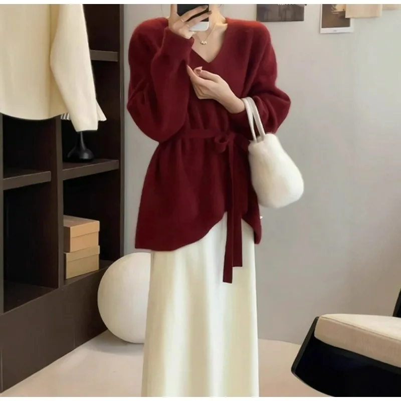 

High Street с v-образным вырезом, средний и длинный свитер из овечьего флиса, женский осенне-зимний свободный вязаный шерстяной свитер с внутренней нижней частью