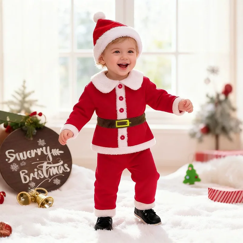 Conjunto de 2 Piezas de Traje de Papá Noel para Bebé Recién Nacido, Body con Capucha, Disfraz de Navidad, Conjunto de Ropa Cálida para Bebé Pequeño