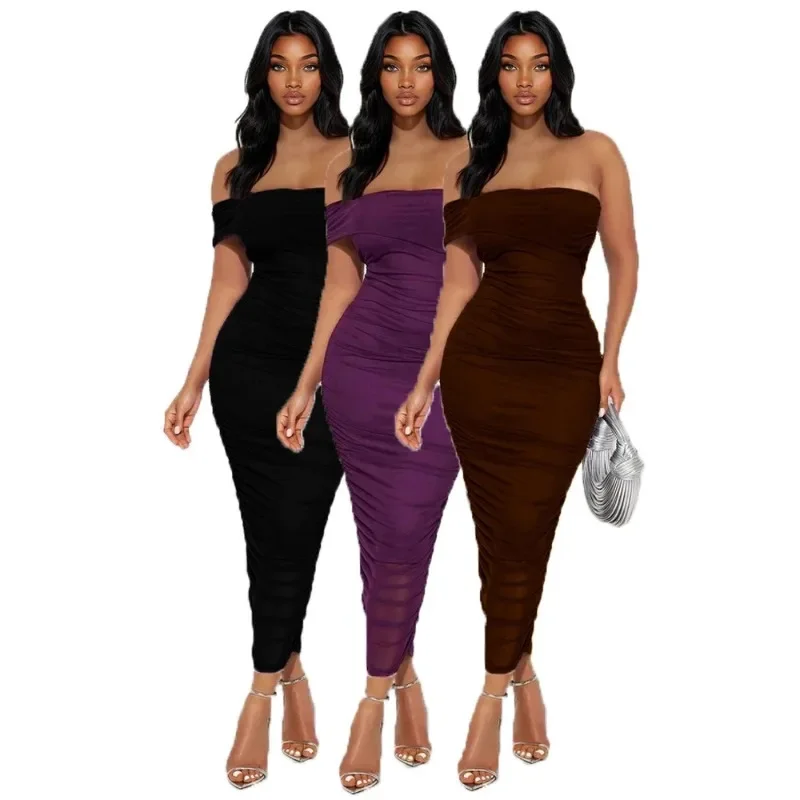 Fashion women's off shoulder double layered skirt long without shoulder straps or back, tight and pleated party dress