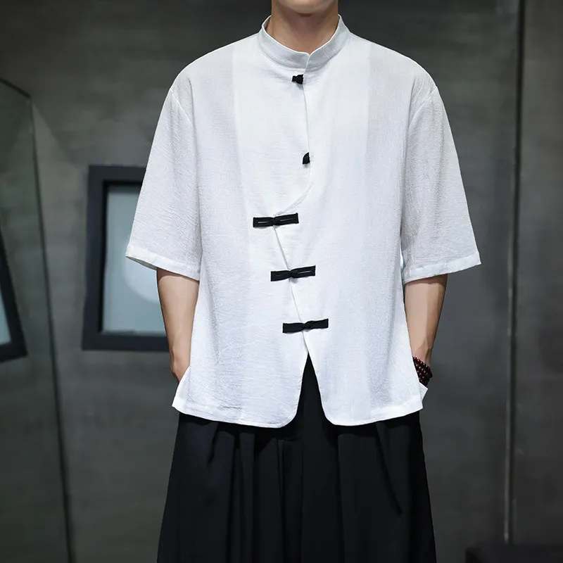 メンズ新作中華風唐服シャツ半袖黒トップス、白のコントラストのあるカエルボタン付きスタンドカラーカンフーチュニック